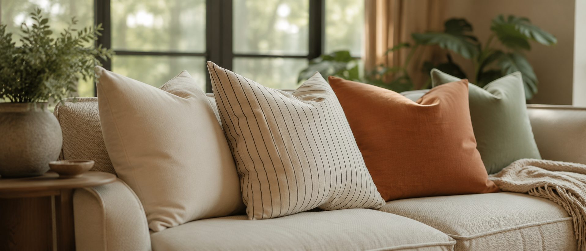 Relaxed living space styled with soft home textiles